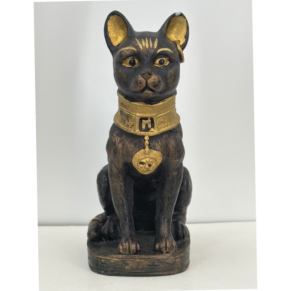 Egyptian Bastet Cat Goddess Statue Seated Feline Figurine Black Gold 6 inch